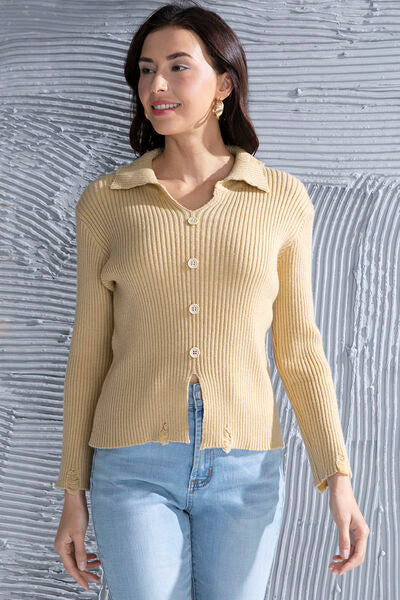 Ribbed Long Sleeve Slit Distressed Sweater-TOPS / DRESSES-[Adult]-[Female]-Tan-S-2022 Online Blue Zone Planet