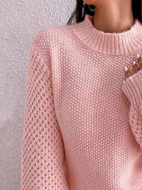 Openwork Mock Neck Long Sleeve Sweater BLUE ZONE PLANET