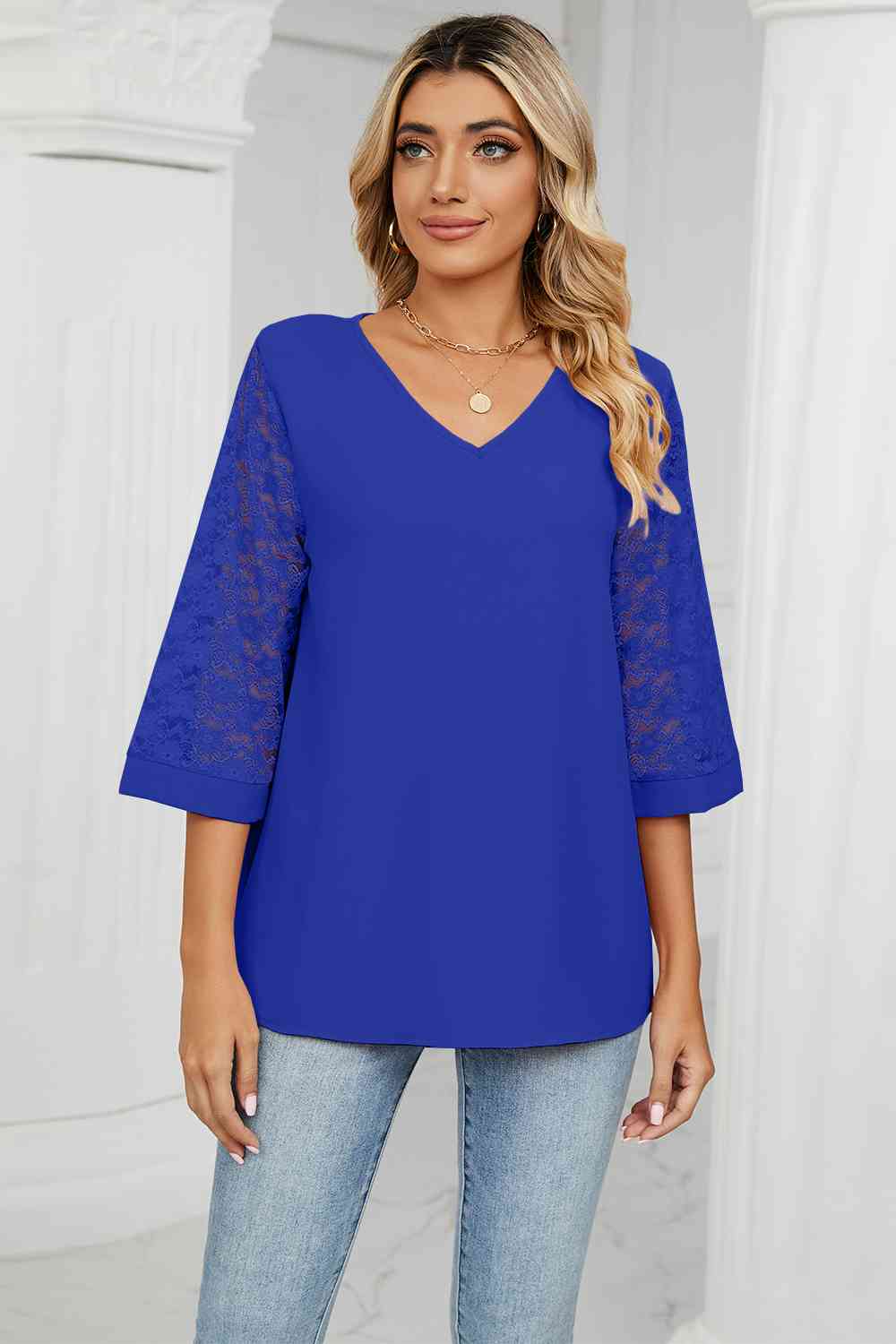 V-Neck Three-Quarter Sleeve Top BLUE ZONE PLANET