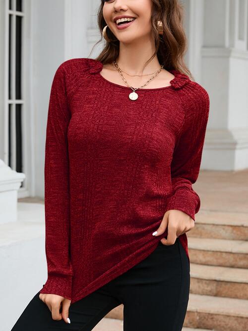 Texture Round Neck Long Sleeve Knit Top BLUE ZONE PLANET