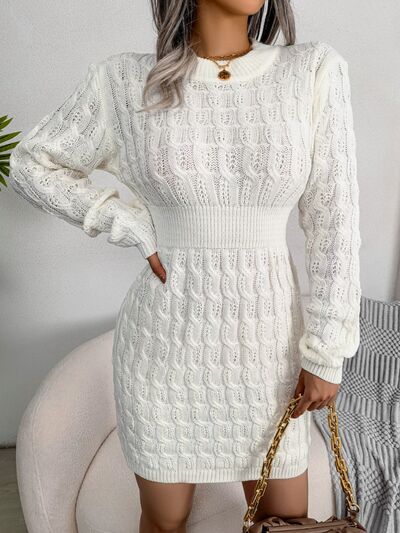 Cable-Knit Round Neck Mini Wrap Sweater Dress-TOPS / DRESSES-[Adult]-[Female]-2022 Online Blue Zone Planet