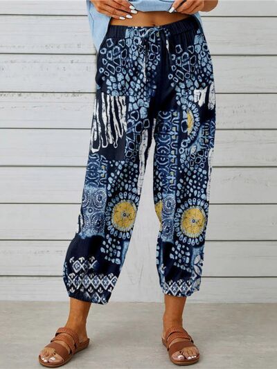 Blue Zone Planet |  Printed Tied Cropped Pants BLUE ZONE PLANET