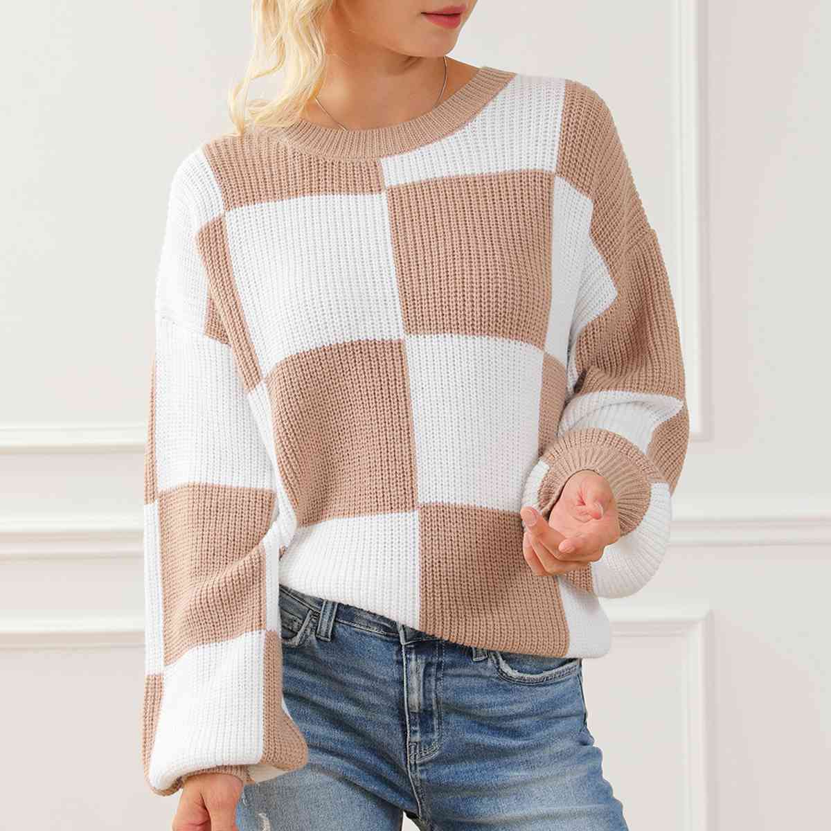 Checkered Round Neck Drop Shoulder Long Sleeve Sweater BLUE ZONE PLANET
