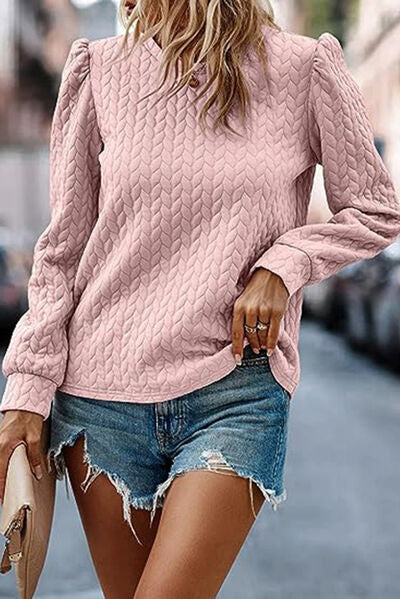 Texture Round Neck Long Sleeve Sweatshirt BLUE ZONE PLANET