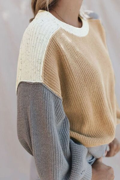 Color Block Round Neck Long Sleeve Sweater BLUE ZONE PLANET