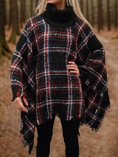 Turtleneck Plaid Raw Hem Sweater BLUE ZONE PLANET