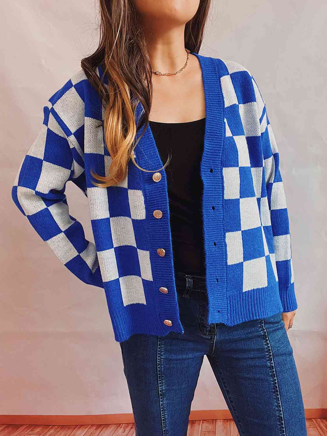 Checkered Open Front Button Up Cardigan BLUE ZONE PLANET