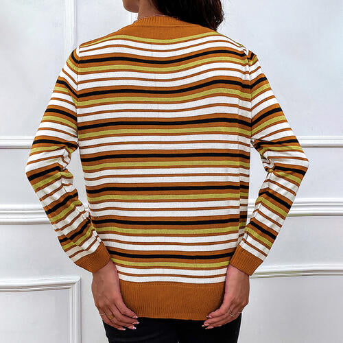 Striped Round Neck Long Sleeve Sweater BLUE ZONE PLANET