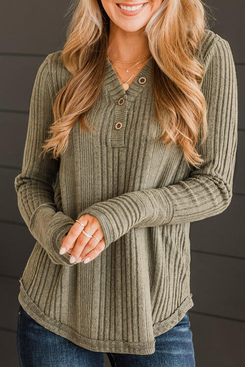 Ribbed Buttoned Long Sleeve Blouse BLUE ZONE PLANET