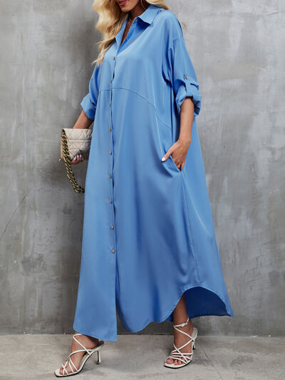 Blue Zone Planet |  Button Up Dropped Shoulder Roll-Tab Sleeve Dress BLUE ZONE PLANET