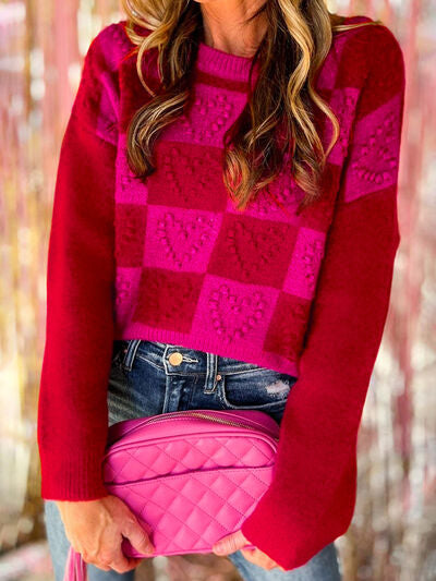 Plaid Heart Round Neck Sweater Trendsi