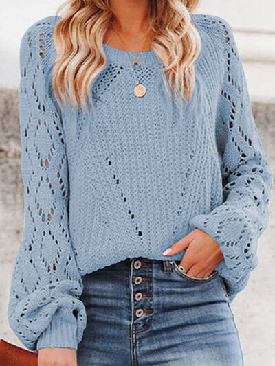 Openwork Round Neck Lantern Sleeve Sweater-TOPS / DRESSES-[Adult]-[Female]-2022 Online Blue Zone Planet