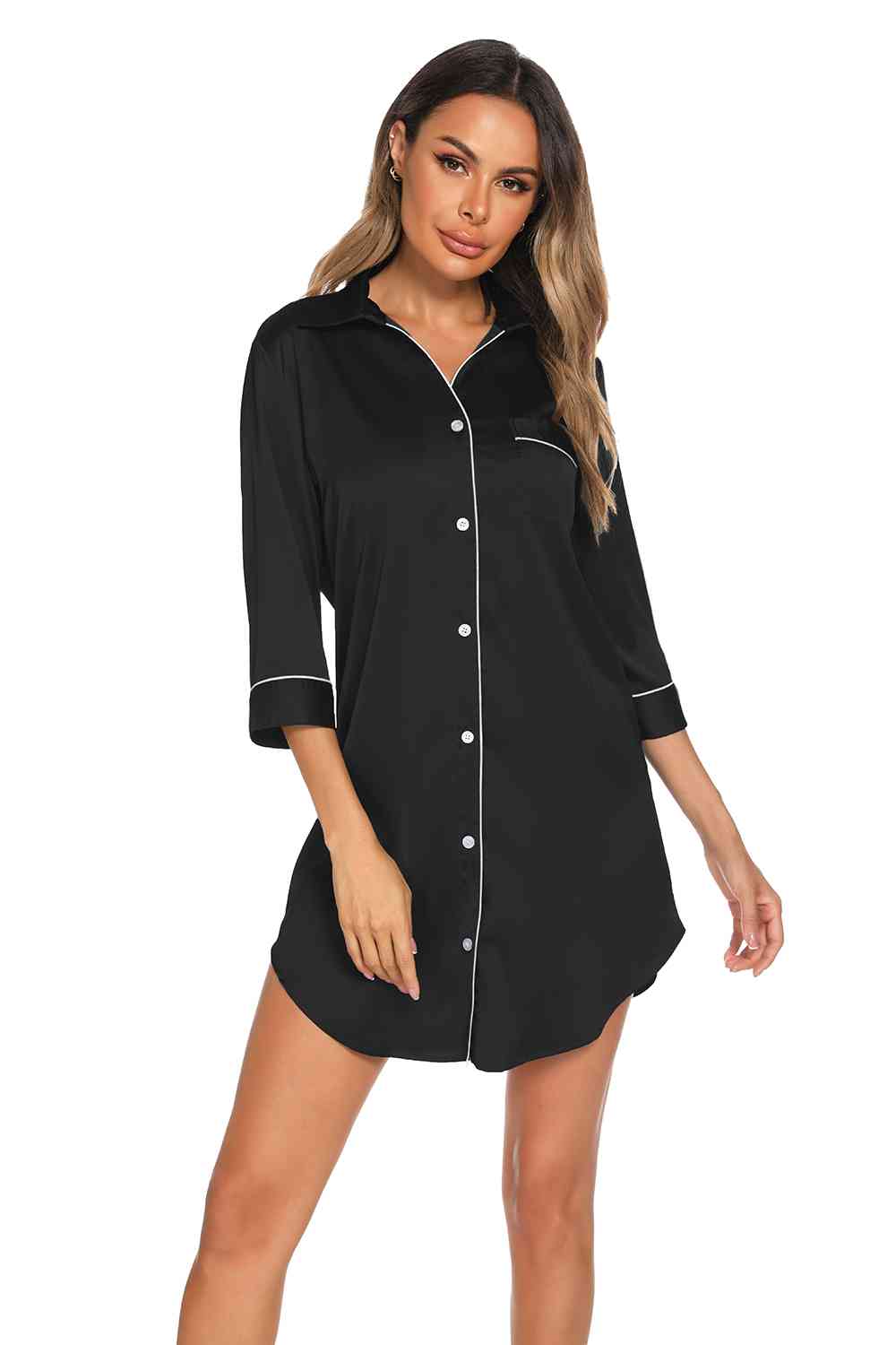 Button Up Collared Neck Night Dress with Pocket BLUE ZONE PLANET