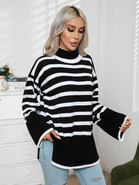 Striped Slit Turtleneck Drop Shoulder Sweater BLUE ZONE PLANET