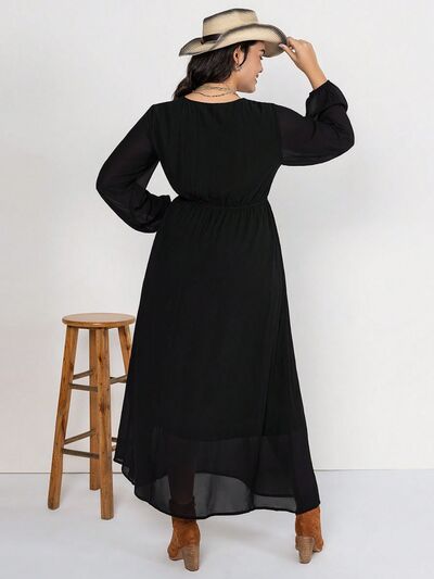 Plus Size Embroidered Tie Neck Long Sleeve Dress BLUE ZONE PLANET