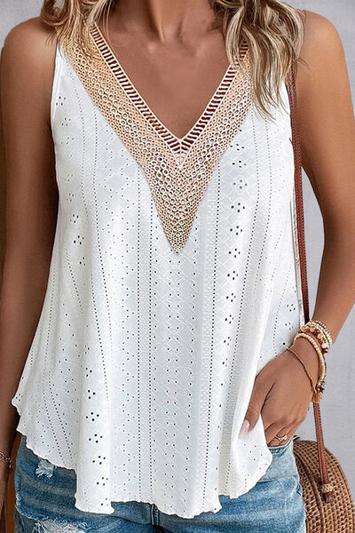 Lace Detail Eyelet V-Neck Tank BLUE ZONE PLANET