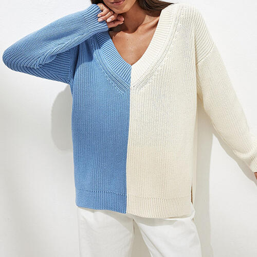 Contrast V-Neck Drop Shoulder Slit Sweater BLUE ZONE PLANET