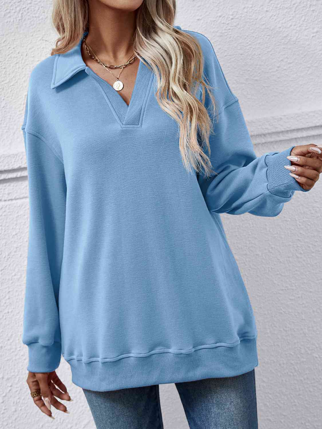 Collared Neck Dropped Shoulder Sweatshirt BLUE ZONE PLANET