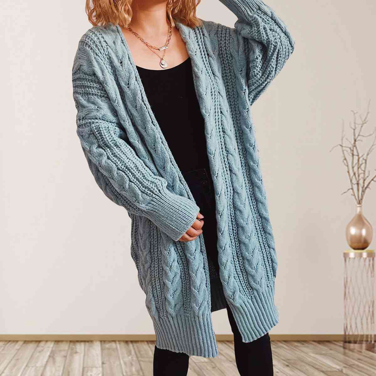 Cable-Knit Open Front Dropped Shoulder Cardigan BLUE ZONE PLANET