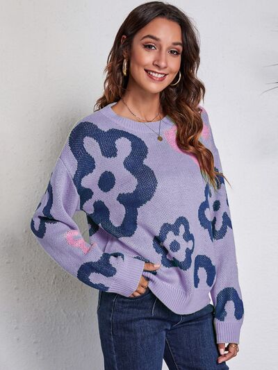 Flower Pattern Round Neck Long Sleeve Sweater BLUE ZONE PLANET