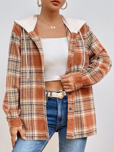 Plaid Button Up Drawstring Hooded Jacket BLUE ZONE PLANET