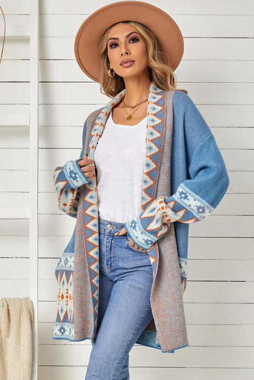 Geometric Open Front Long Sleeve Cardigan BLUE ZONE PLANET