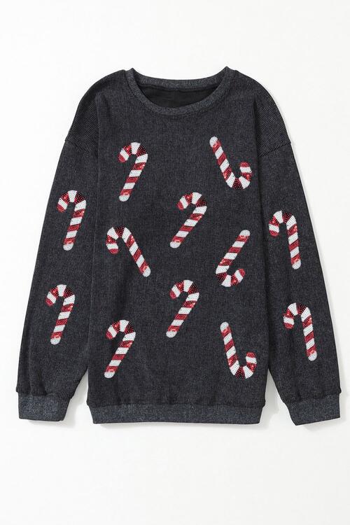 Sequin Candy Cane Round Neck Sweatshirt-TOPS / DRESSES-[Adult]-[Female]-2022 Online Blue Zone Planet