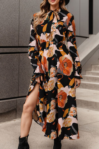 Printed Tie Neck Flounce Sleeve Dress Trendsi