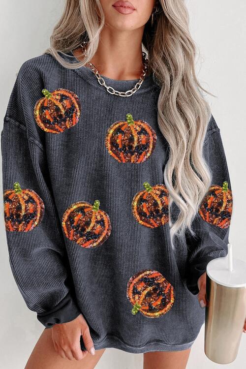 Sequin Patch Pumpkin Round Neck Sweatshirt BLUE ZONE PLANET