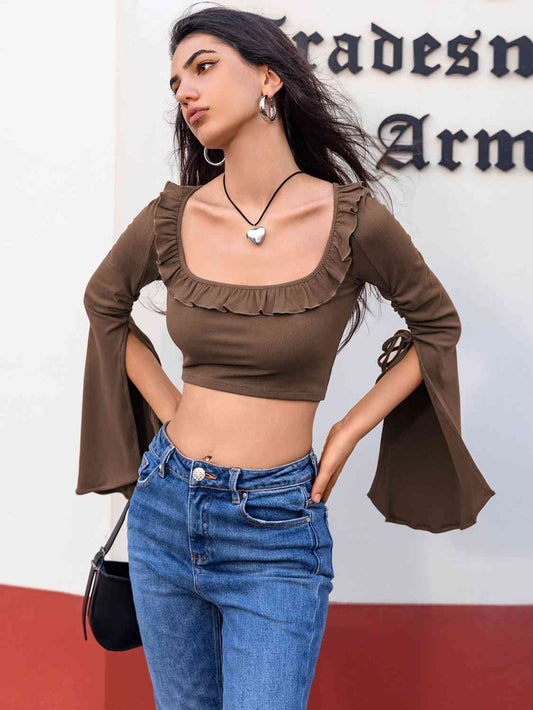 Open Bell Sleeve Square Neck Crop Top BLUE ZONE PLANET