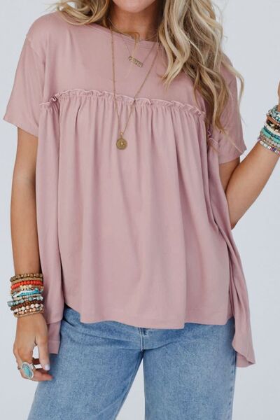 Frill Round Neck Short Sleeve T-Shirt-TOPS / DRESSES-[Adult]-[Female]-Moonlit Mauve-S-2022 Online Blue Zone Planet