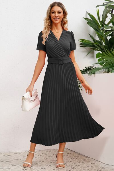 Pleated Surplice Short Sleeve Midi Dress BLUE ZONE PLANET