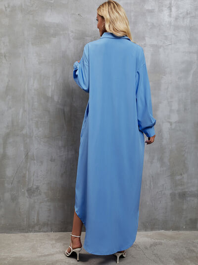 Blue Zone Planet |  Button Up Dropped Shoulder Roll-Tab Sleeve Dress BLUE ZONE PLANET