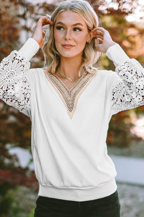 V-Neck Crochet Long Sleeve Blouse BLUE ZONE PLANET