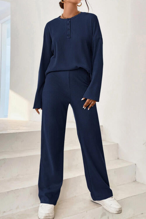 Ribbed Half Button Top and Pants Set BLUE ZONE PLANET