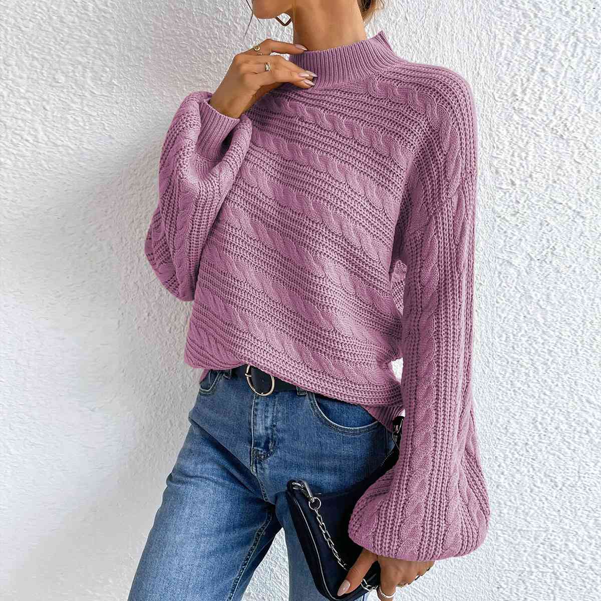 Cable-Knit Mock Neck  Long Sleeve Sweater BLUE ZONE PLANET