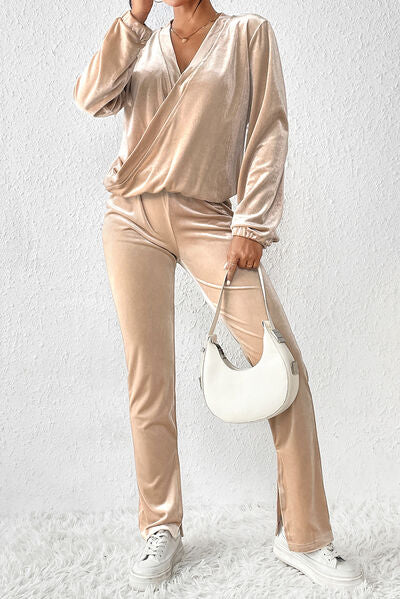 Surplice Long Sleeve Top and Slit Pants Set Trendsi