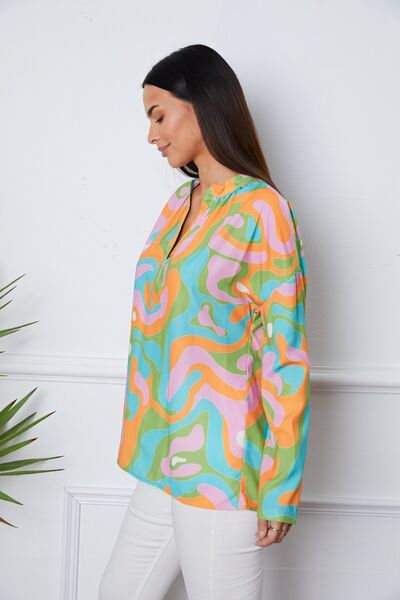 Printed Notched Long Sleeve Blouse BLUE ZONE PLANET