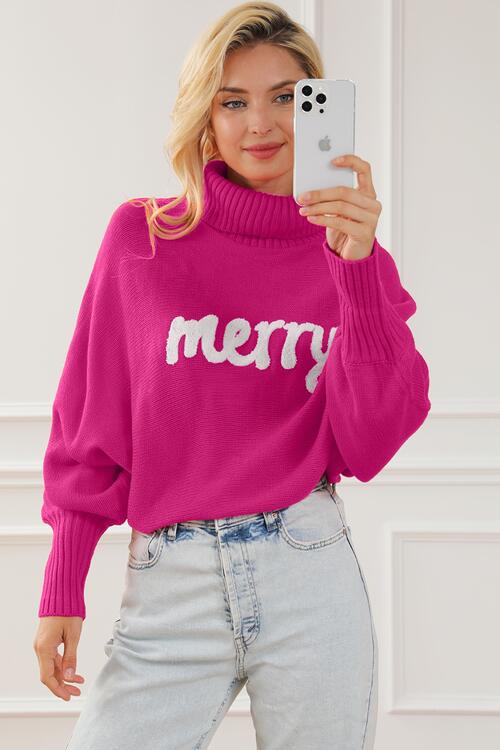 Merry Letter Embroidered High Neck Sweater BLUE ZONE PLANET