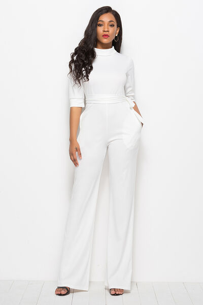 Mock Neck Tie-Waist Half Sleeve Jumpsuit Trendsi