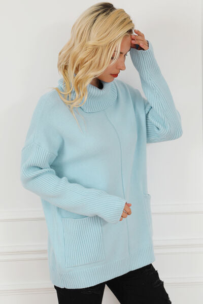 Blue Zone Planet |  Pocketed Turtleneck Dropped Shoulder Sweater BLUE ZONE PLANET