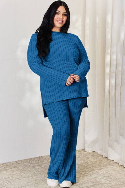 Basic Bae Full Size Ribbed High-Low Top and Wide Leg Pants Set-TOPS / DRESSES-[Adult]-[Female]-2022 Online Blue Zone Planet
