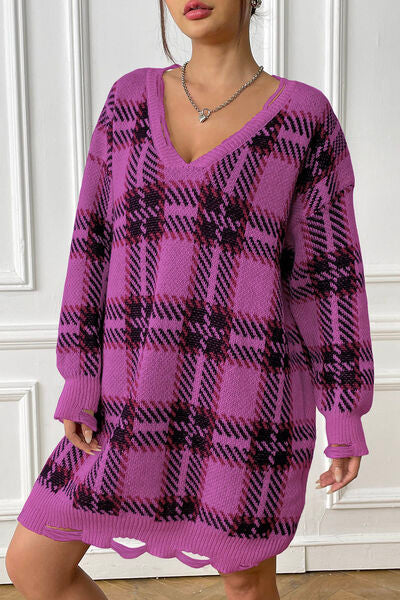 Plaid V-Neck Long Sleeve Sweater Dress BLUE ZONE PLANET