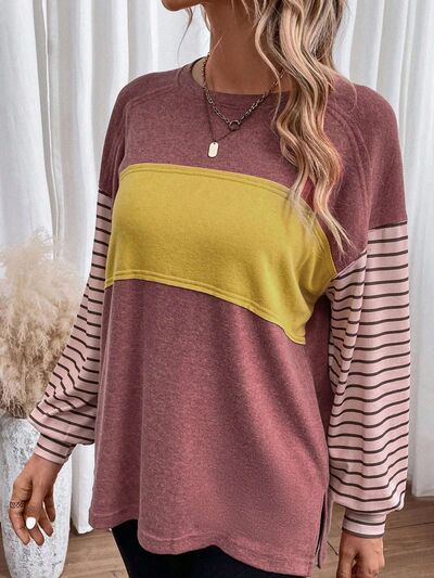 Round Neck Striped Long Sleeve Slit T-Shirt BLUE ZONE PLANET