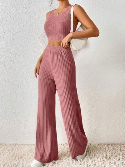 Ribbed Round Neck Tank and Pants Sweater Set Trendsi