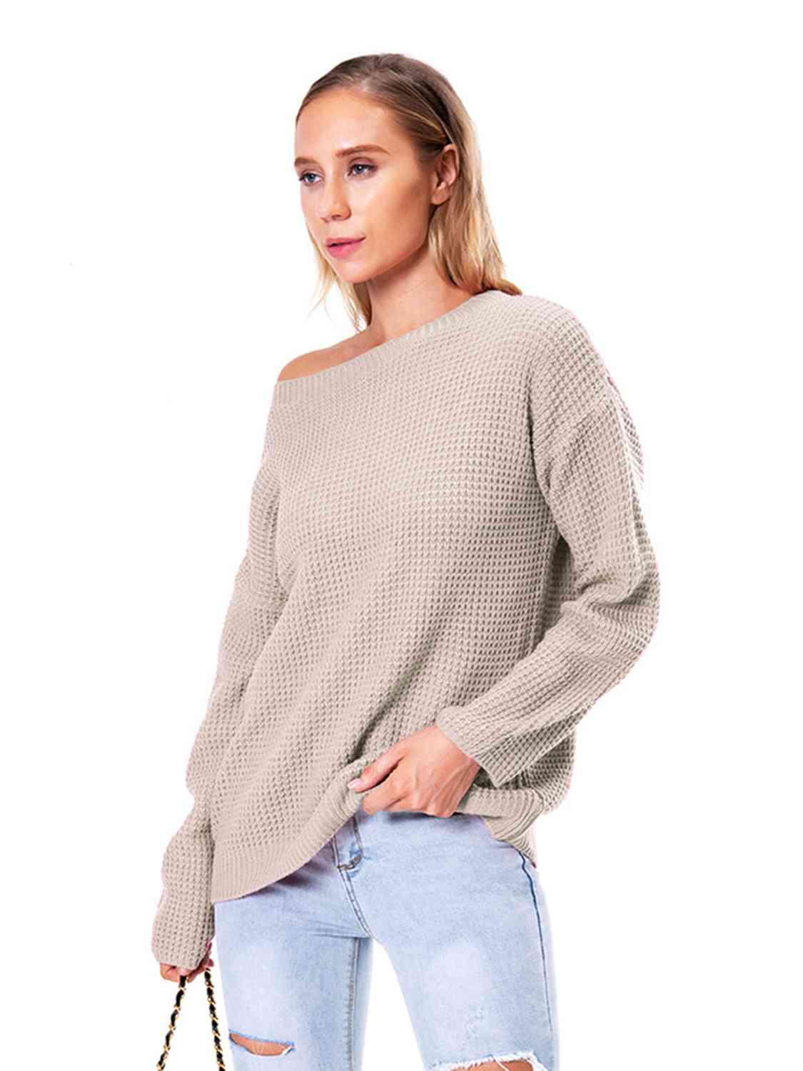 Boat Neck Drop Shoulder Long Sleeve Sweater BLUE ZONE PLANET