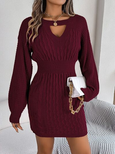 Cable-Knit Cutout Round Neck Slit Sweater BLUE ZONE PLANET