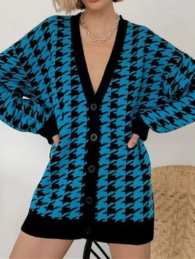 Blue Zone Planet |  Houndstooth Button Up Long Sleeve Cardigan BLUE ZONE PLANET