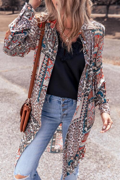 Printed Open Front Collared Neck Cardigan BLUE ZONE PLANET