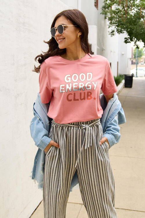 Simply Love Full Size GOOD ENERGY CLUB Short Sleeve T-Shirt BLUE ZONE PLANET